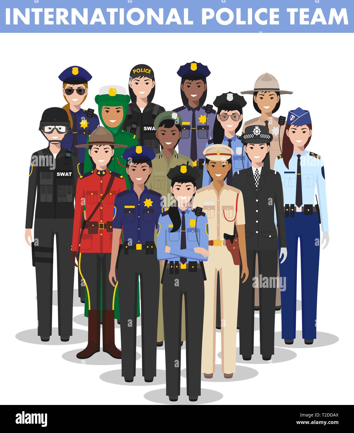 Di polizia internazionale il concetto di persone. Illustrazione dettagliata di SWAT officer, poliziotto, poliziotta e sheriff in stile piatto su sfondo bianco Illustrazione Vettoriale
