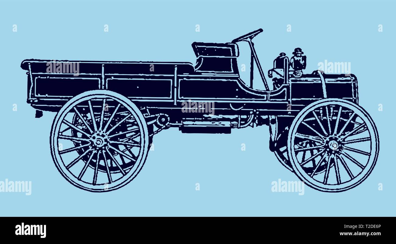 Storico carro a motore in vista laterale. Illustrazione dopo una litografia o incisione dai primi 20th secolo. Modificabile in livelli Illustrazione Vettoriale