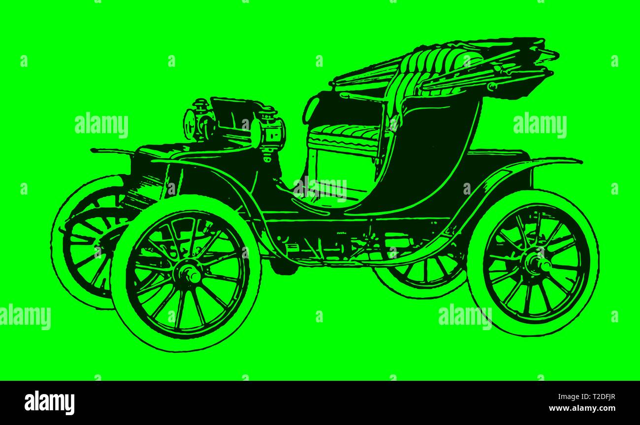 Storico auto elettrica a motore a due posti nella vista laterale anteriore. Illustrazione dopo una litografia o incisione, inizio 20th secolo. Modificabile in livelli Illustrazione Vettoriale