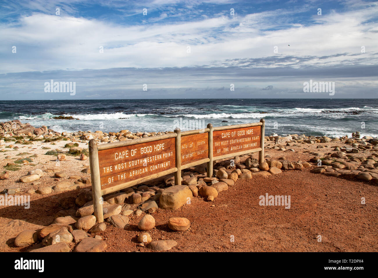 Capo di Buona Speranza segno con le coordinate geografiche Foto Stock