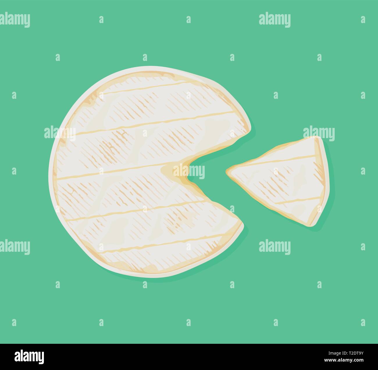 Il cilindro di fresco cremoso camembert de Normandie formaggio con un taglio fuori pezzo, vista dall'alto. Illustrazione Vettoriale
