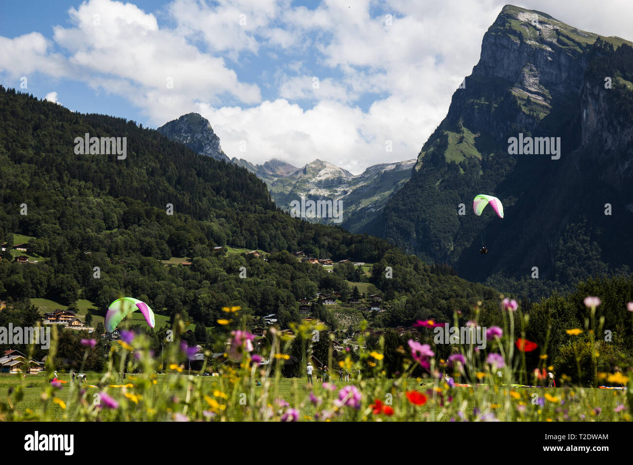 Parapendio in Samoens, Francia Foto Stock