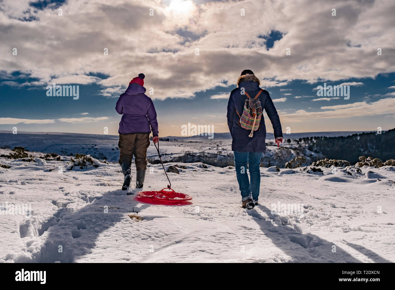 Due persone godendo di una passeggiata su Dartmoor nella neve con una slitta. Foto Stock