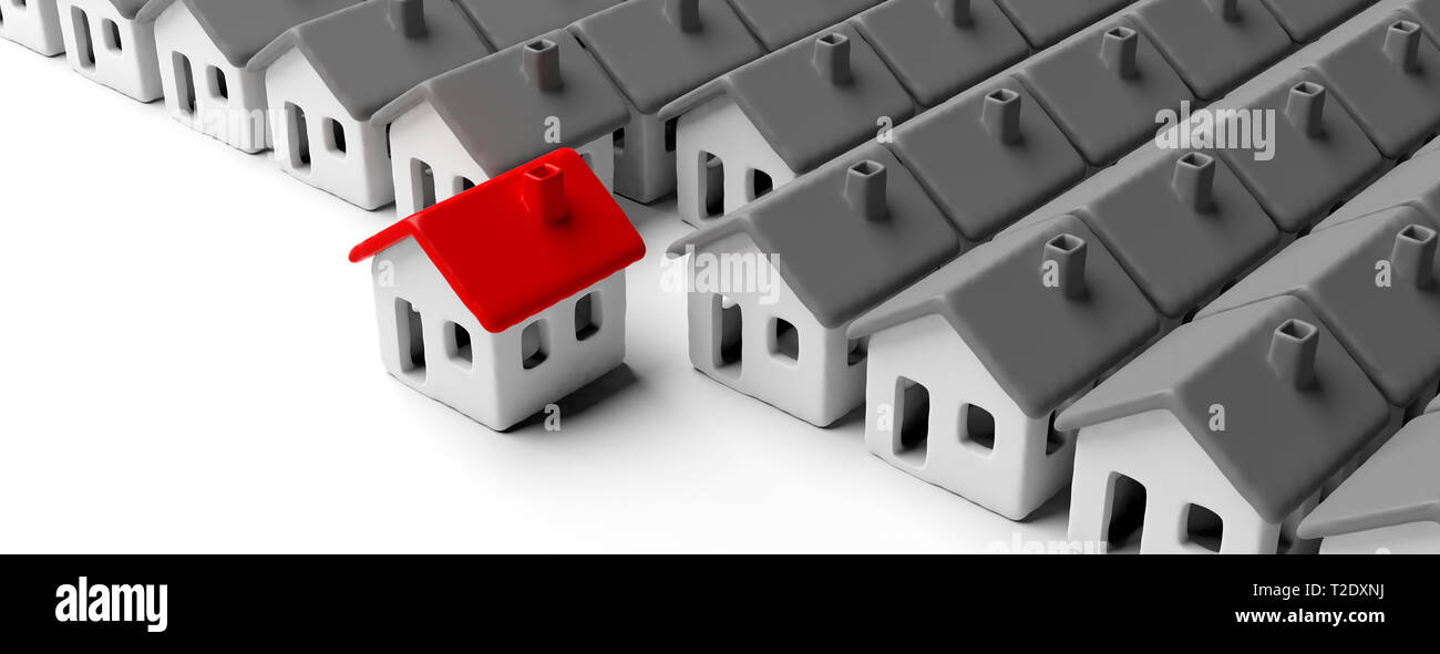 Selezione della casa, Scelta modelli della casa di colore grigio Sfondo, una casa con un tetto rosso davanti, banner. 3d illustrazione Foto Stock