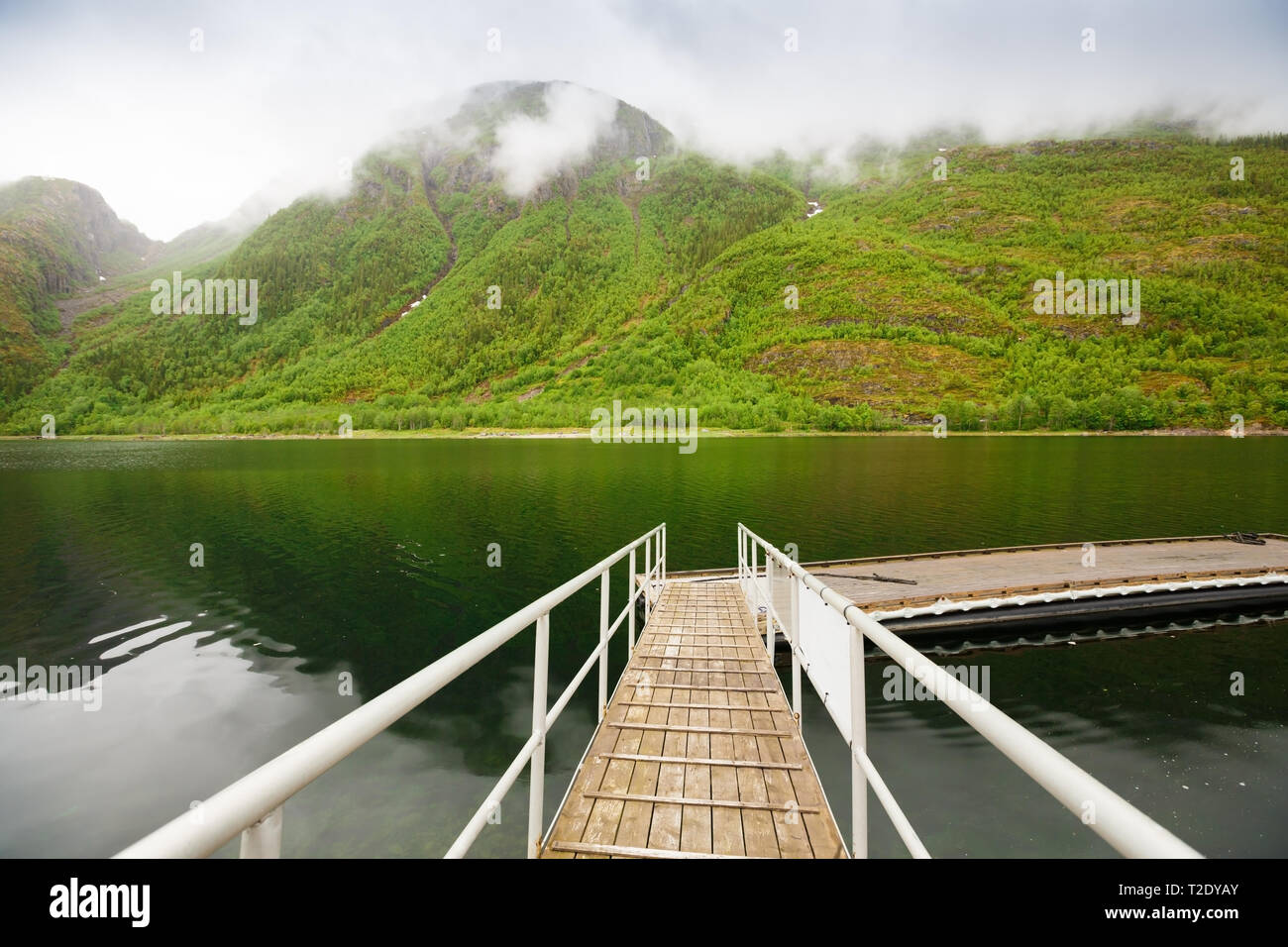 Paesaggio con alte montagne e fjord in Mosjoen, Norvegia. Foto Stock