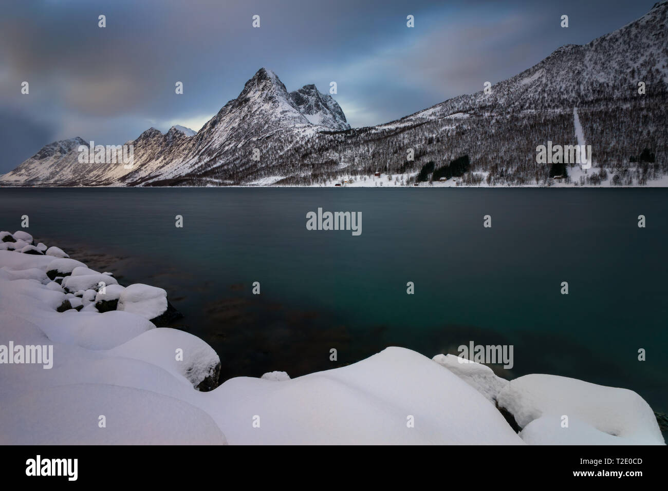 Inverno e Gryllefjorden Bukketinden montagna in backgrond, Senja, Norvegia Foto Stock