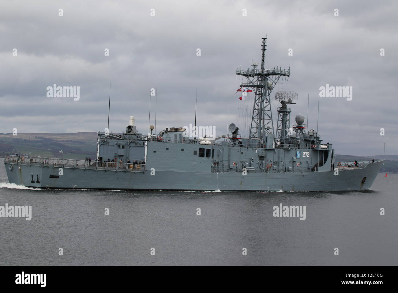 ORP Kazimierz generale Pulaski (272), un pericolo di Oliver Perry-class frigate azionato dalla Marina Polacca, sul suo arrivo per esercitare congiuntamente il guerriero 19-1. Foto Stock