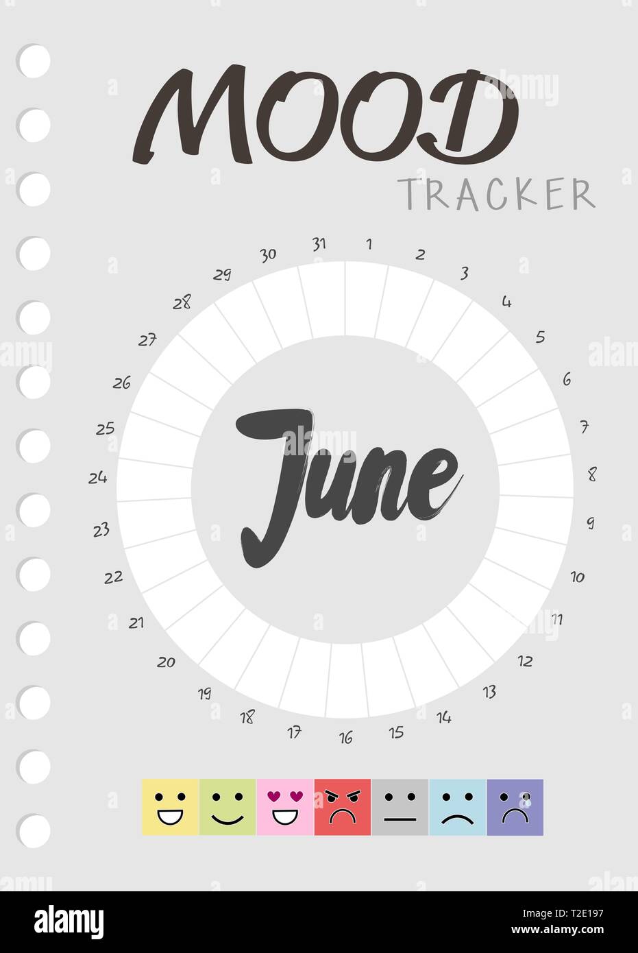 Umore diario di viaggio per un mese. umore tracker calendario. mantenere traccia di stato emotivo Illustrazione Vettoriale