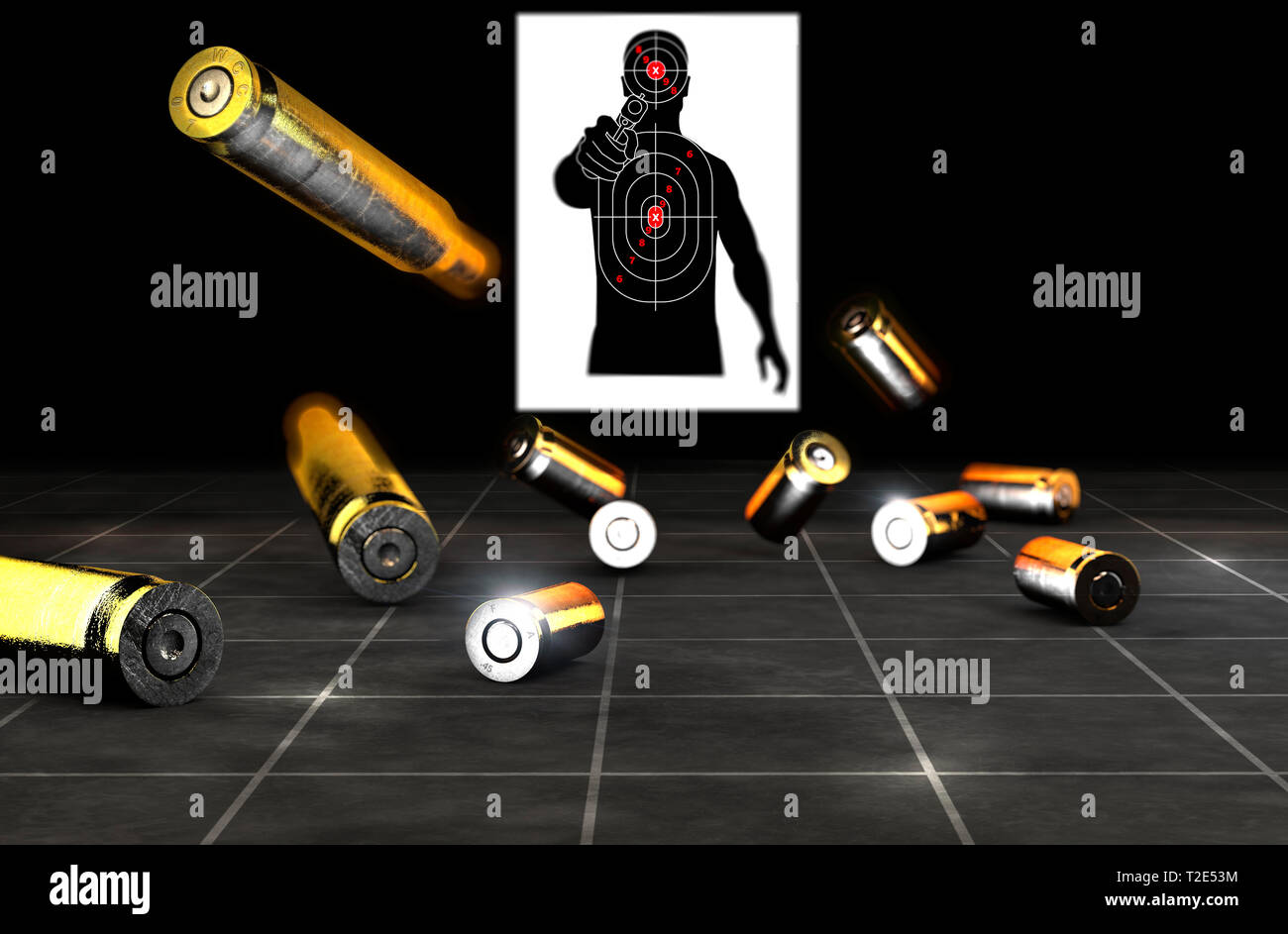 Tiro al bersaglio. Silhouette di un uomo con la pistola in mano, penale, delinquente. Obiettivo sul suo petto e la testa. Bullet, conchiglie sulla terra. 3D render Foto Stock