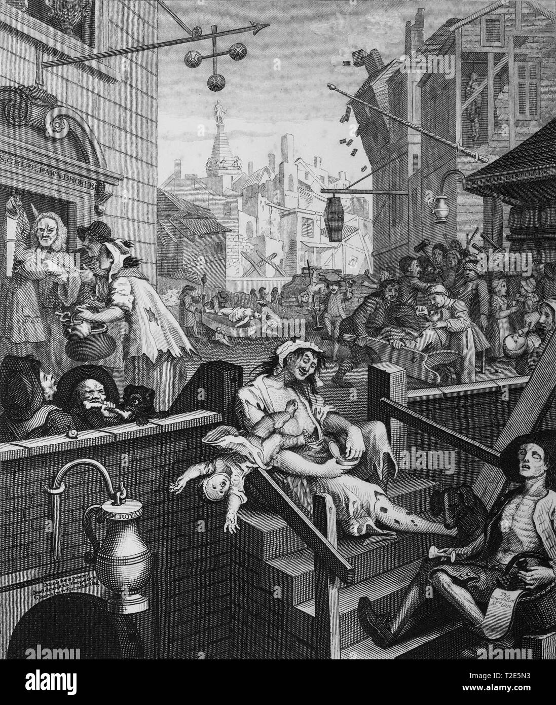 William Hogarth stampa birra incisione Street e Gin Lane Gin Lane Foto Stock