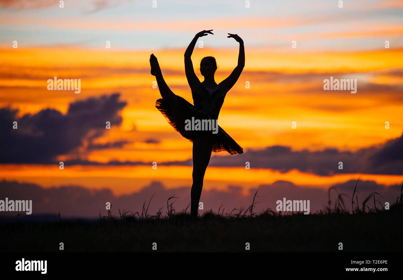 Silhouette della ballerina in posa contro il tramonto in un Tutu. Foto Stock