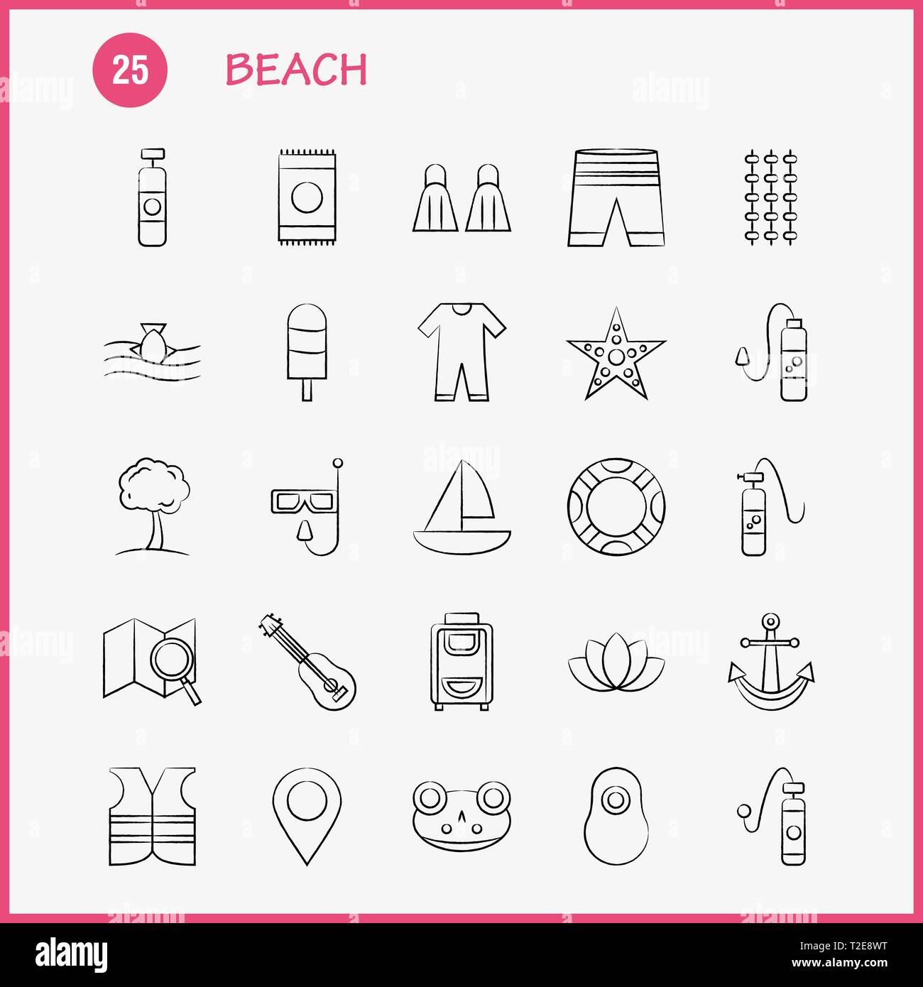 Spiaggia disegnati a mano Icona per il Web, la stampa e Mobile UX/UI Kit. Come: shorts, vacanze, ferie, usura, nuoto, piscina, sul mare, strumento, pittogramma Pack. Illustrazione Vettoriale