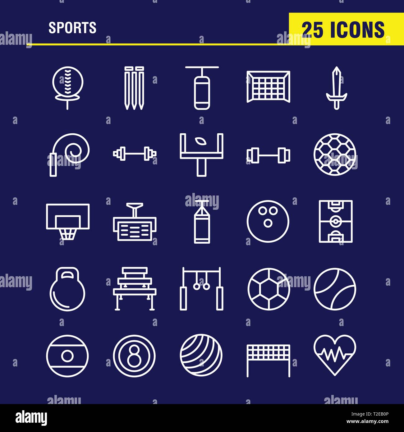 Linea sport Icon Pack per i progettisti e gli sviluppatori. Icone della palla, Golf, tee, Sport, cricket, ceppi, paletto, Sport, vettore Illustrazione Vettoriale