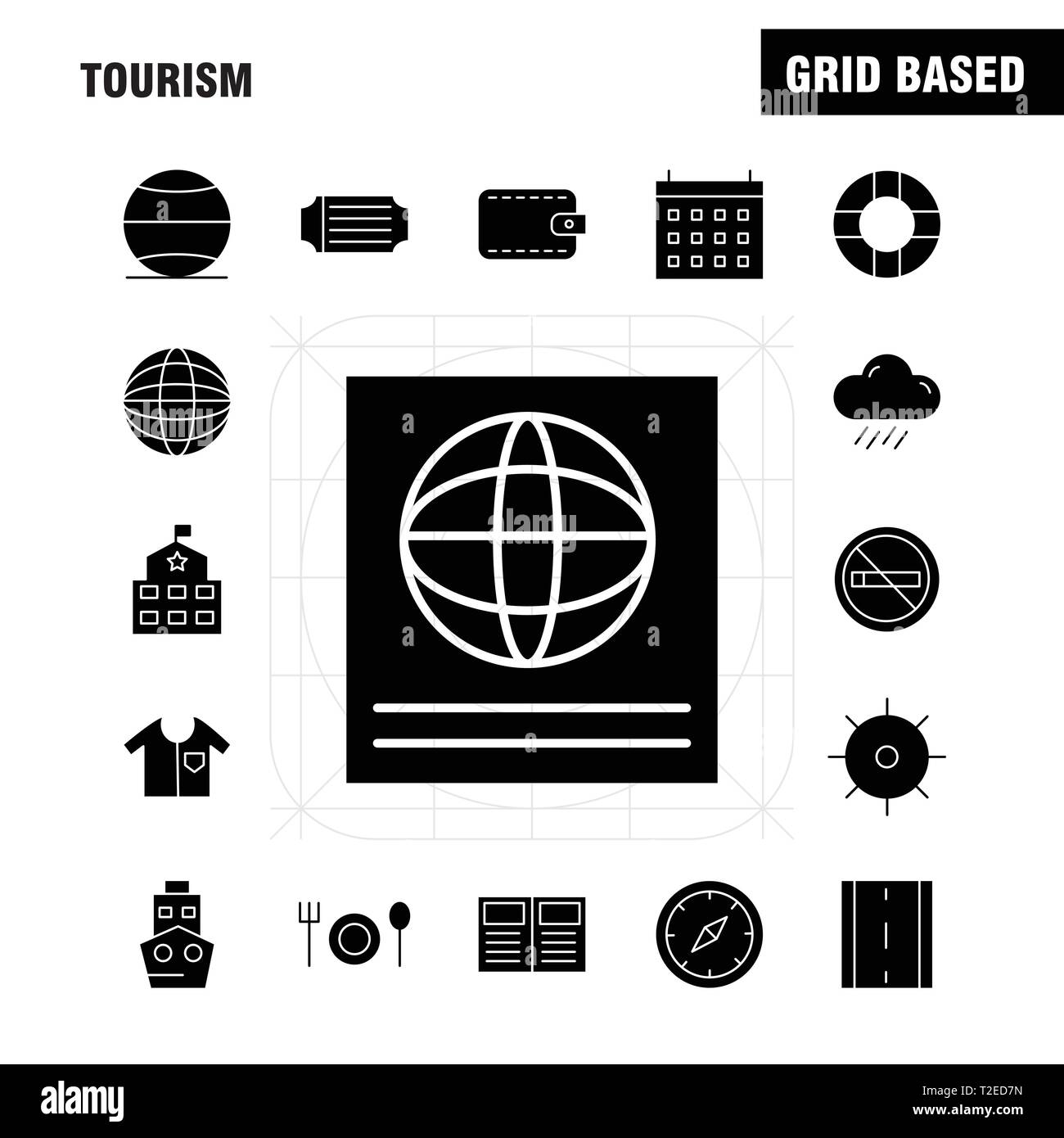 Turismo solido Icona Glyph Pack per i progettisti e gli sviluppatori. Le icone della temperatura, termometro, meteo, non fumare, Turismo, fumatori, vettore Illustrazione Vettoriale