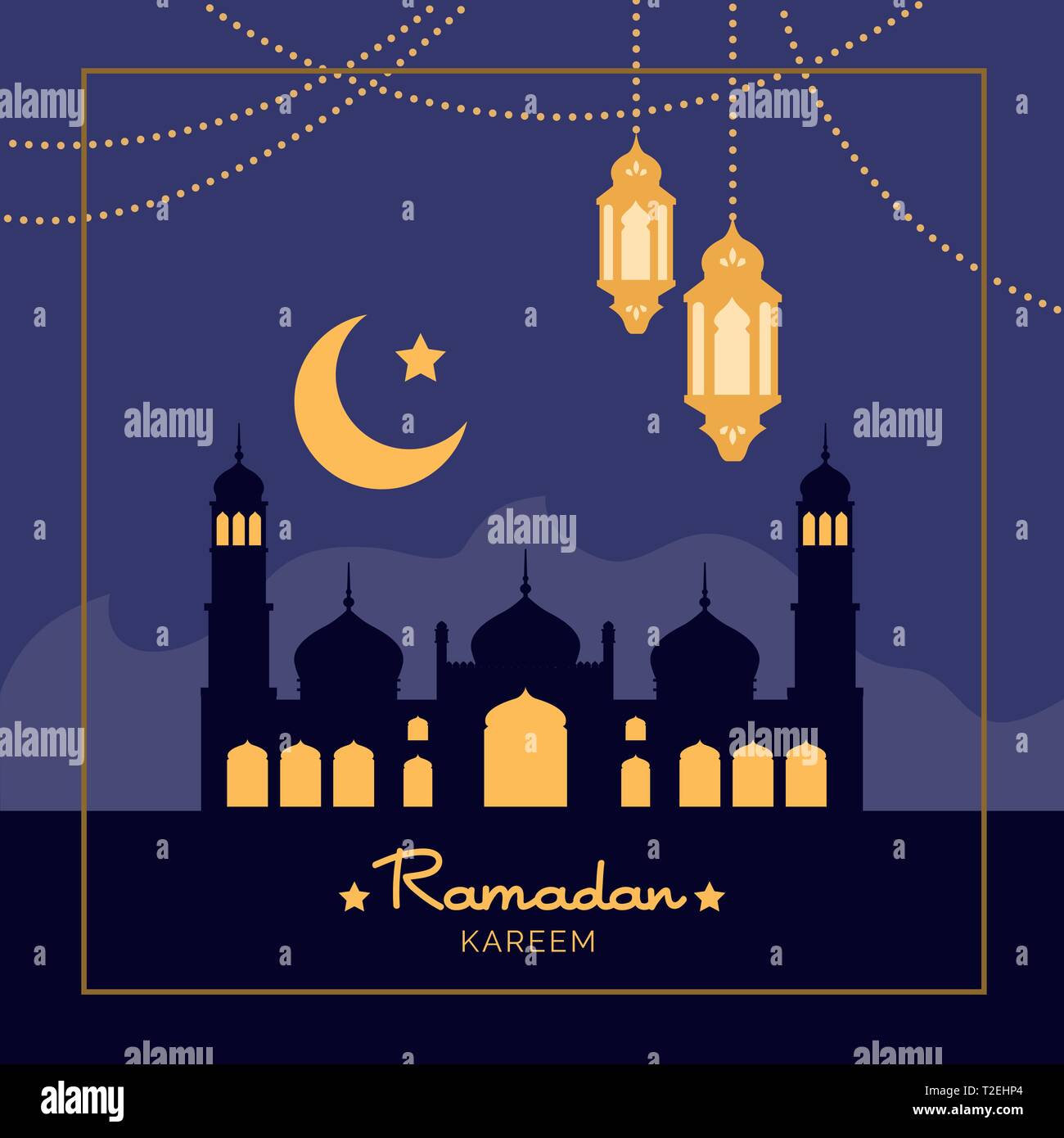 Il Ramadan Kareem holiday celebrazione card con la moschea, lanterna e luna Illustrazione Vettoriale