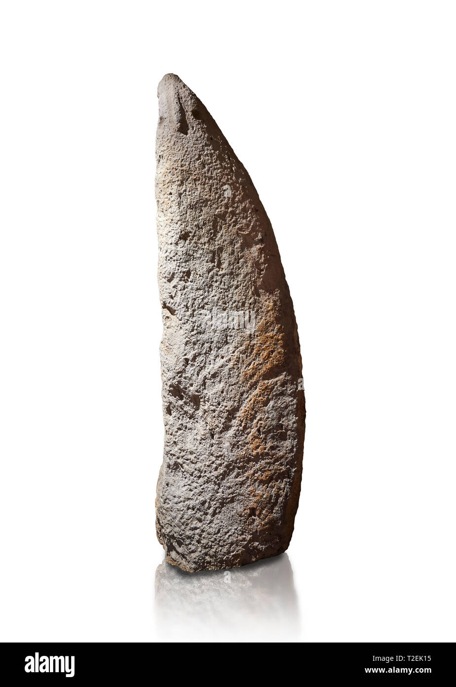 Tardo neolitico europeo Menhir preistorici di pietra permanente con intagli sulla sua faccia laterale. La rappresentazione di un stylalised figura maschile inizia a Foto Stock