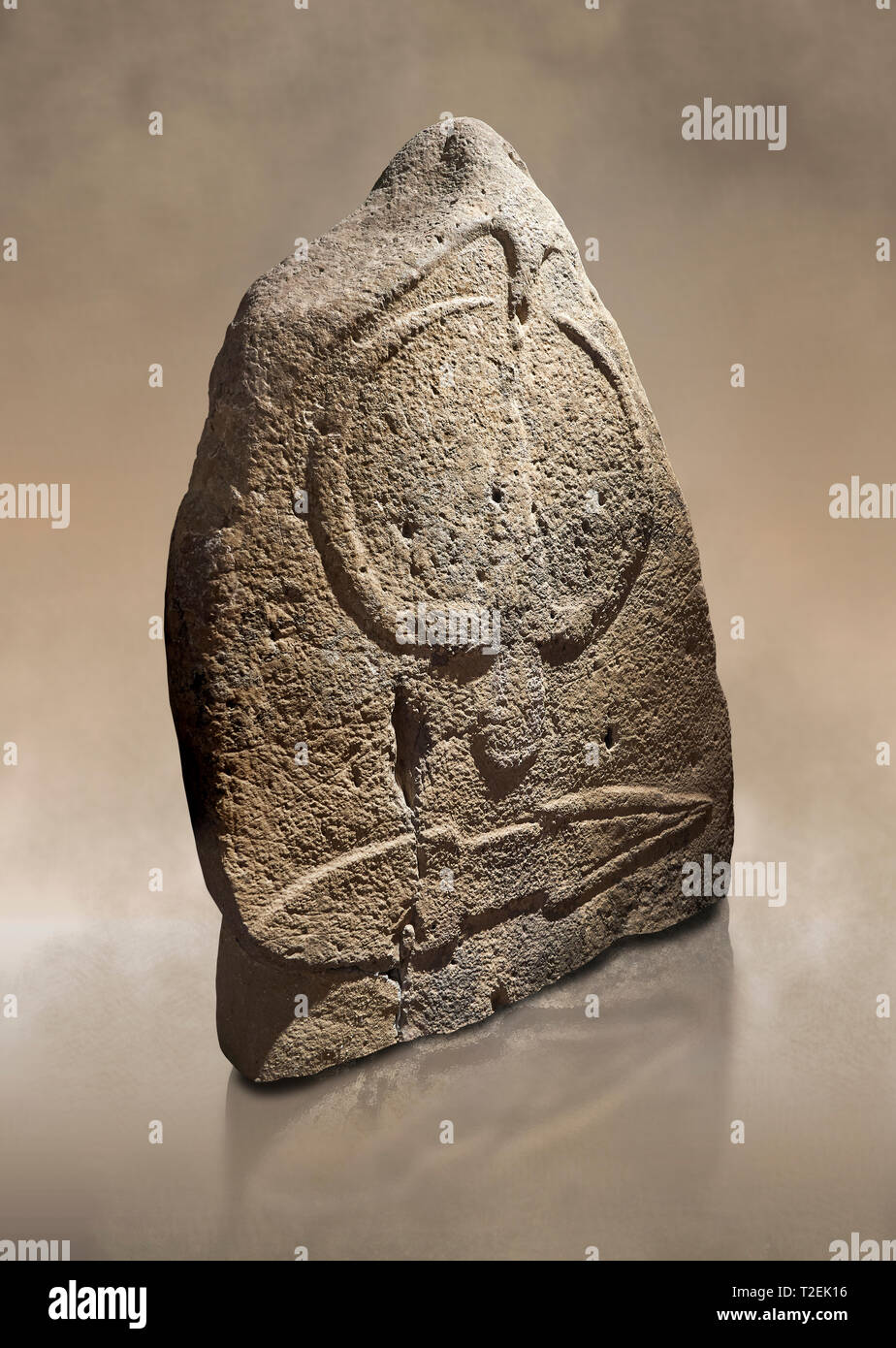 Tardo neolitico europeo Menhir preistorici di pietra permanente con intagli sulla sua faccia laterale. La rappresentazione di un stylalised figura maschile inizia a Foto Stock