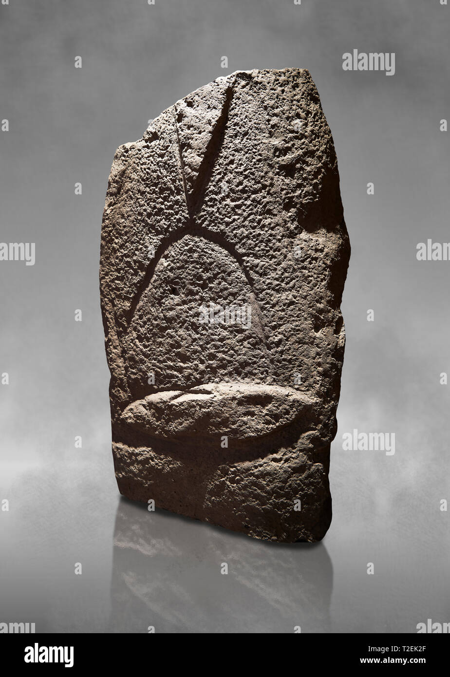 Tardo neolitico europeo Menhir preistorici di pietra permanente con intagli sulla sua faccia laterale. La rappresentazione di un stylalised figura maschile inizia a Foto Stock