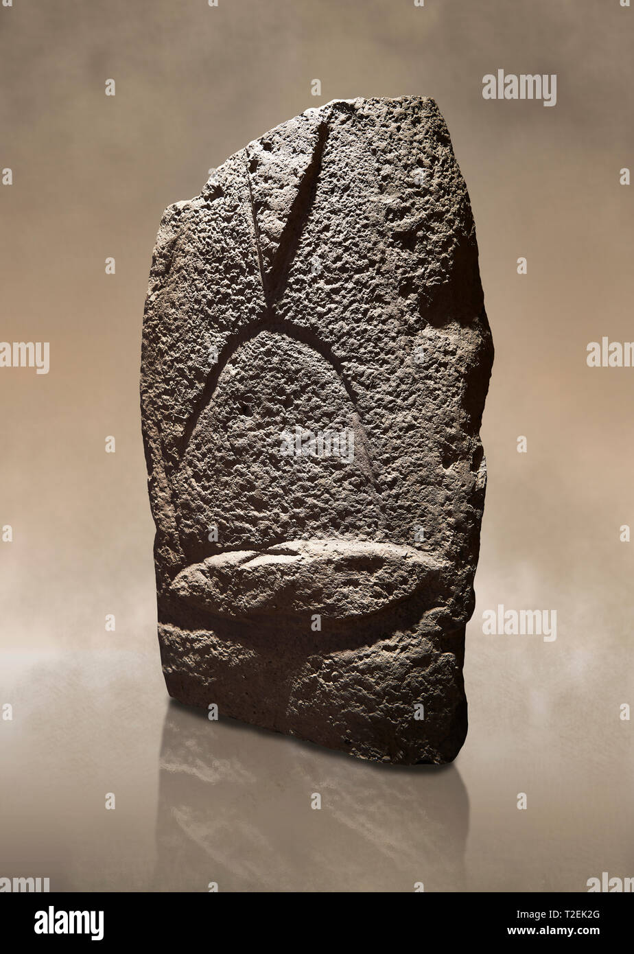 Tardo neolitico europeo Menhir preistorici di pietra permanente con intagli sulla sua faccia laterale. La rappresentazione di un stylalised figura maschile inizia a Foto Stock