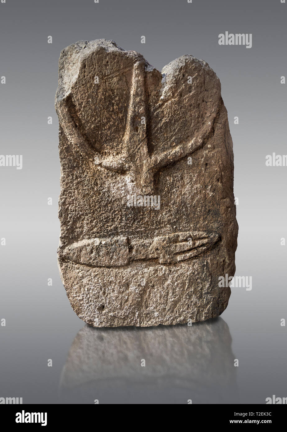 Tardo neolitico europeo Menhir preistorici di pietra permanente con intagli sulla sua faccia laterale. La rappresentazione di un stylalised figura maschile inizia a Foto Stock