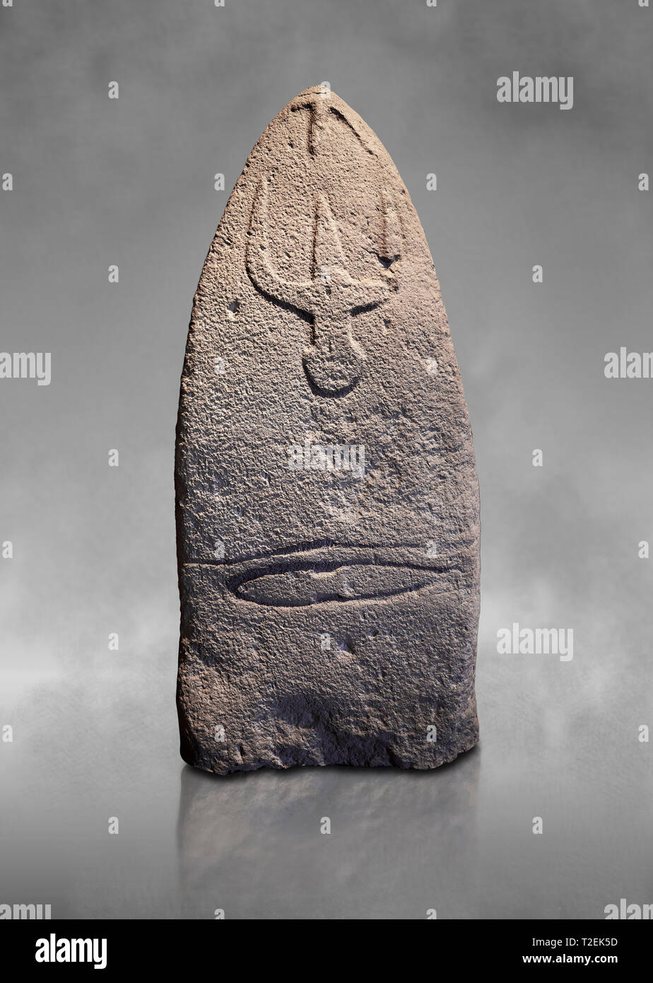 Tardo neolitico europeo Menhir preistorici di pietra permanente con intagli sulla sua faccia laterale. La rappresentazione di un stylalised figura maschile inizia a Foto Stock