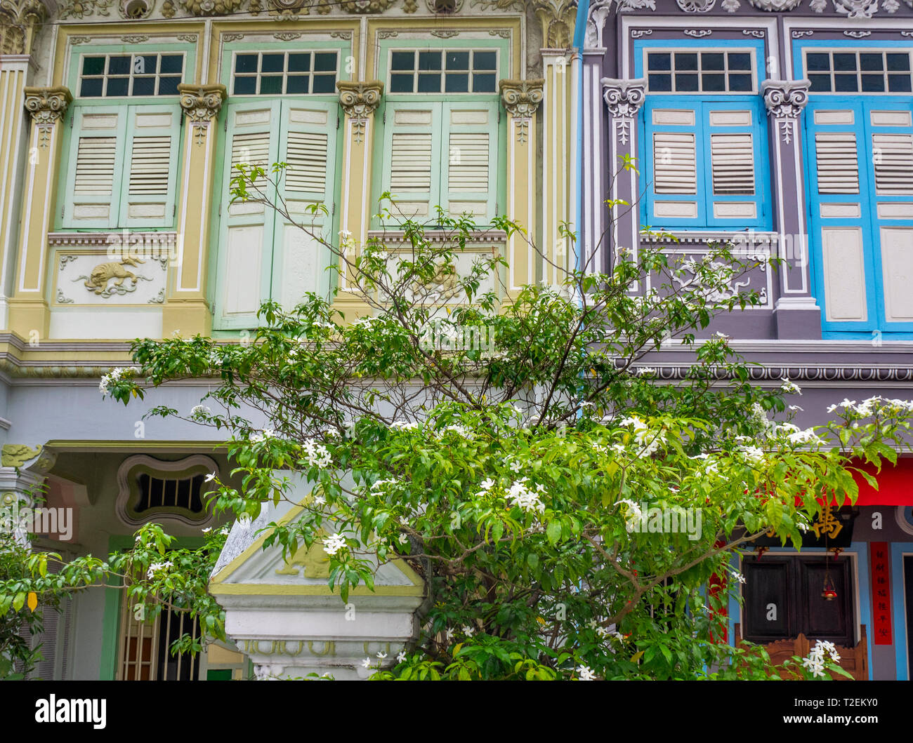 Peranakan colorate case a schiera popolari con instagrammers su Koon Seng Road, Joo Chiat, Geylang, Singapore. Foto Stock
