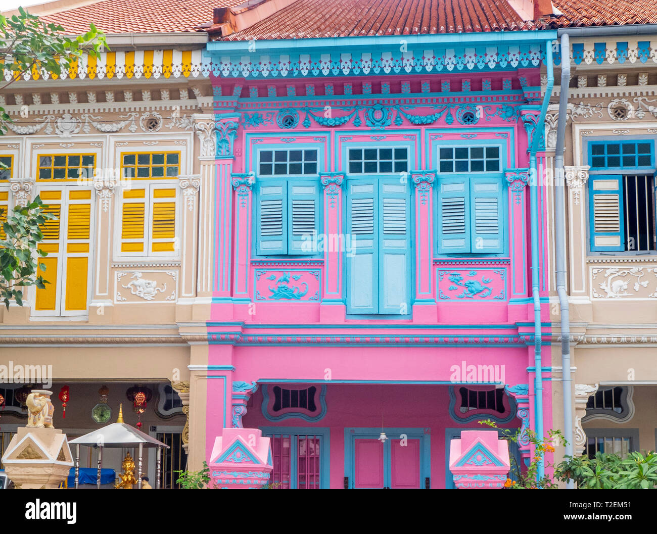 Peranakan colorate case a schiera popolari con instagrammers su Koon Seng Road, Joo Chiat, Geylang, Singapore. Foto Stock