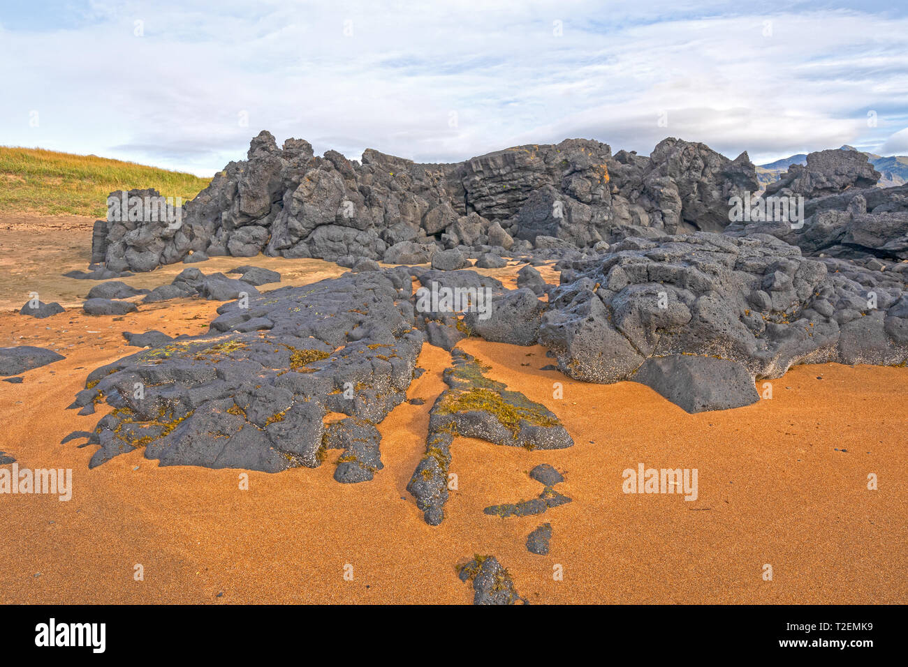 La roccia vulcanica nel mezzo della spiaggia di sabbia vicino a Budir, Islanda Foto Stock