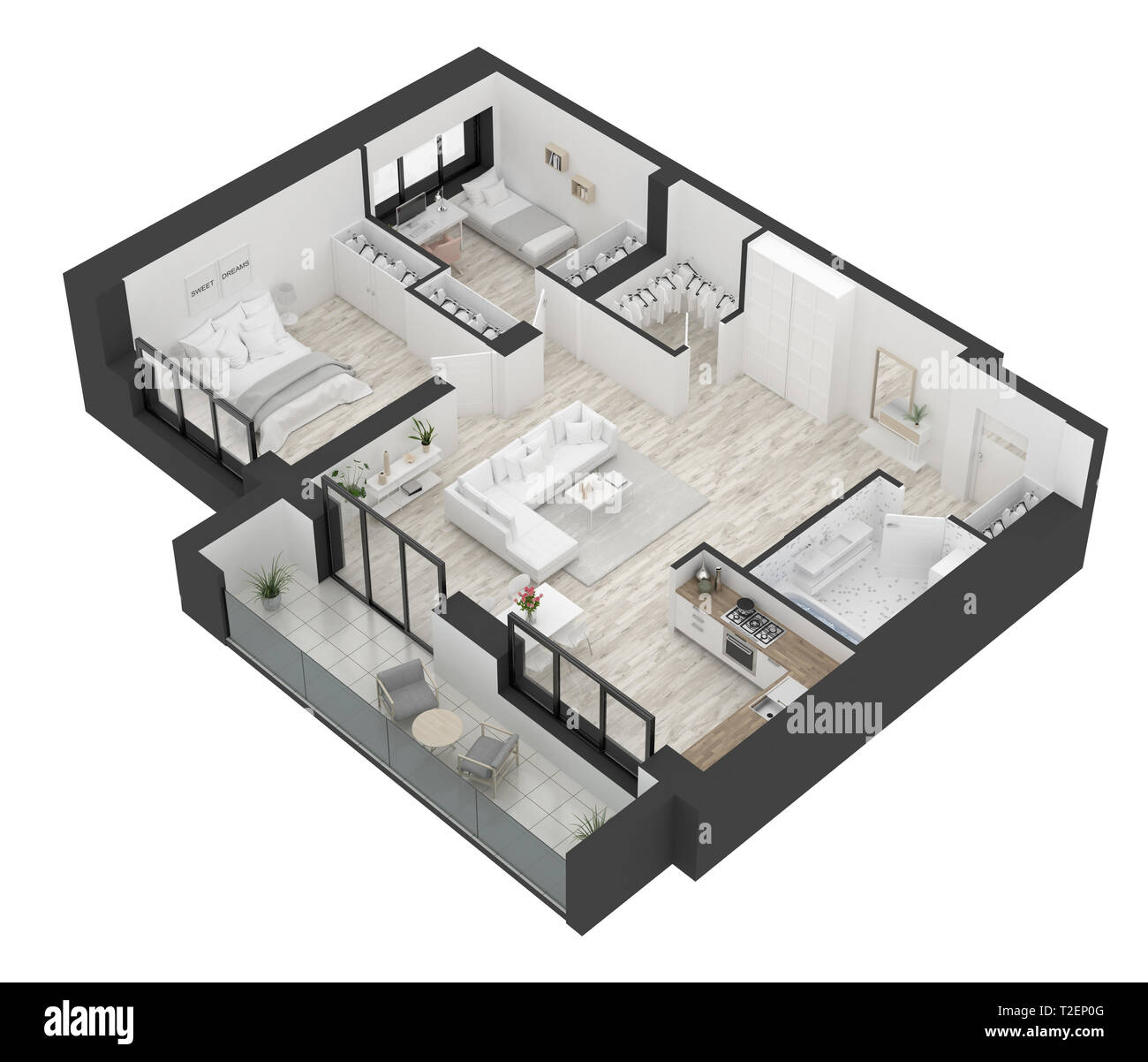 Piano di pavimento di un home top view 3D'illustrazione. Aprire il concetto  di vita layout appartamento Foto stock - Alamy