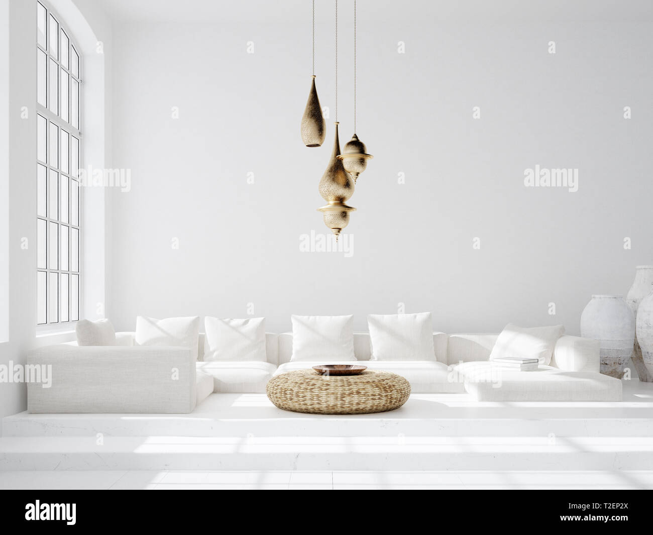 Luminosa e spaziosa bohemian soggiorno, Scandi-stile Boho, 3D render Foto Stock