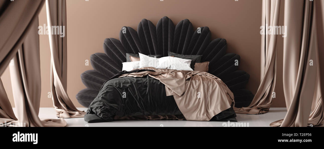 Letto matrimoniale con baldacchino in colori marrone, Vista panoramica, 3D render Foto Stock