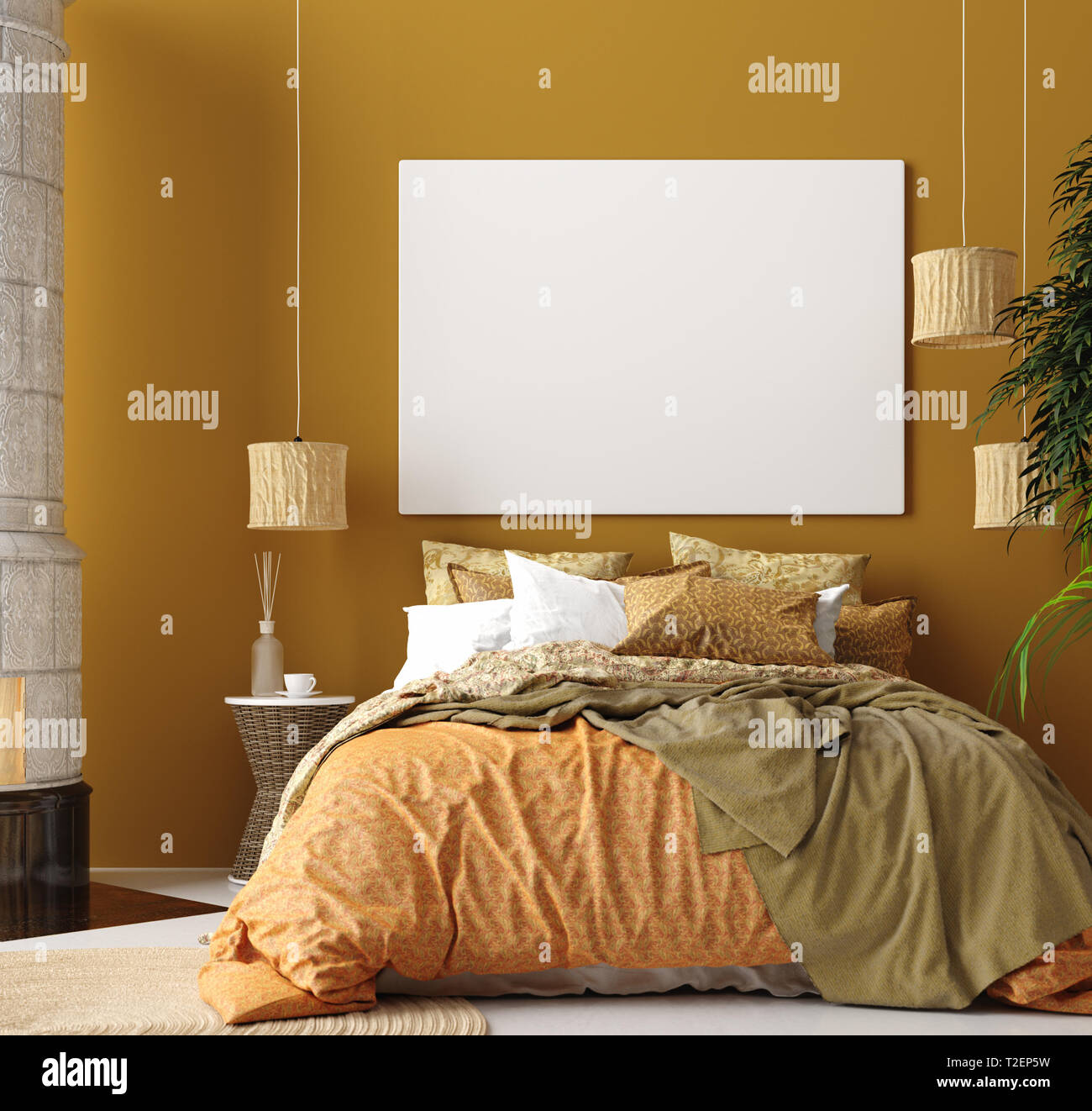 Mock up poster, color senape interiore camera da letto con letto a motivi  geometrici, stile bohemien, 3D render Foto stock - Alamy