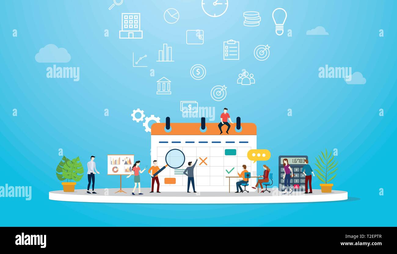 Business concetto di calendario con il team di persone che lavorano insieme con molto grande i calendari - illustrazione vettoriale Illustrazione Vettoriale