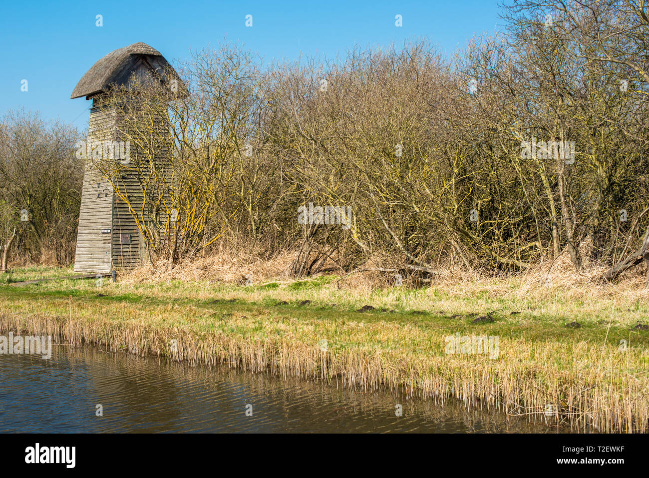 La torre nascondi sulle rive di Burwell lode per via navigabile su Wicken Fen riserva naturale, Cambridgeshire; Inghilterra; Regno Unito Foto Stock