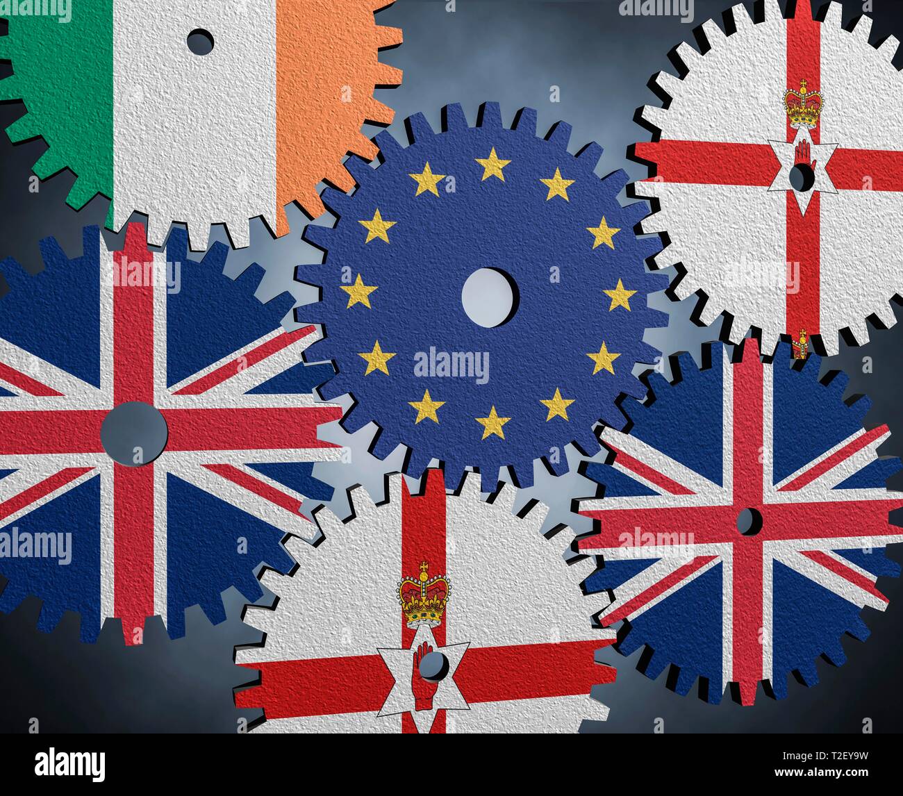 Brexit, ingranaggi con bandiere mesh, UE, Regno Unito, Irlanda del Nord e Irlanda, Germania Foto Stock