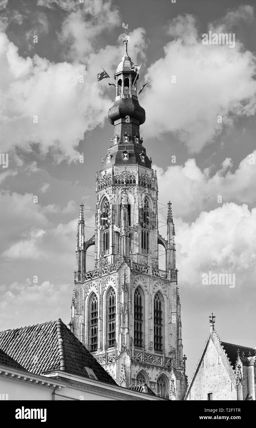 La torre della maestosa cattedrale nel centro storico della città di Breda, Paesi Bassi. Foto Stock