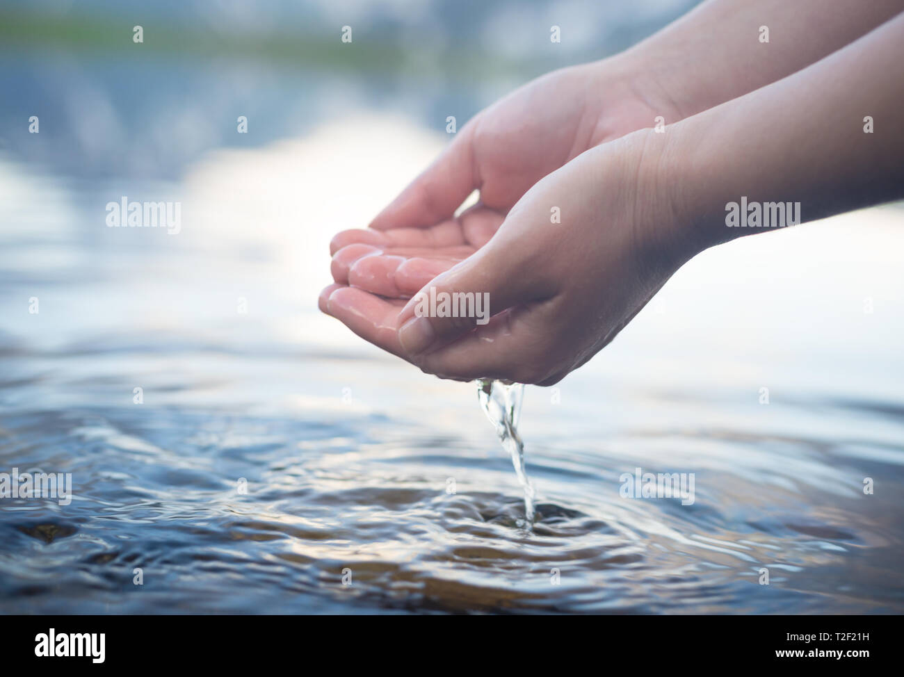 Natura acqua concetto, donna mani Foto Stock