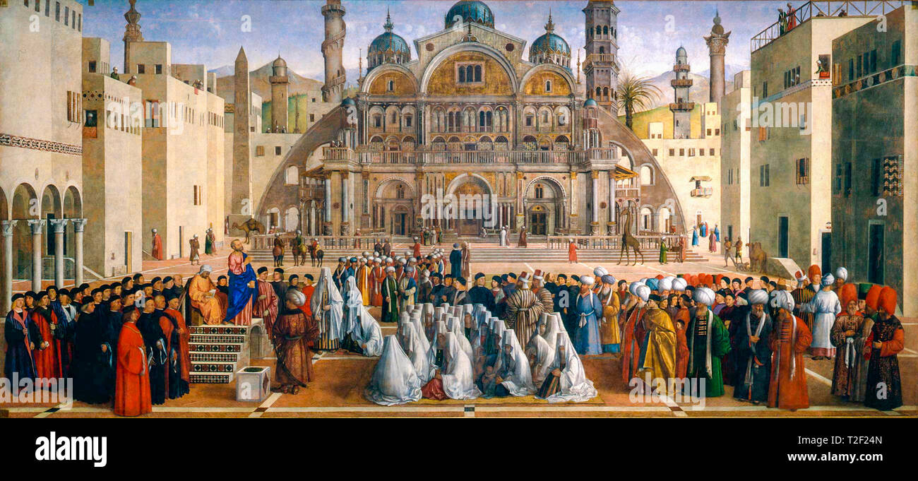 Gentile Bellini, Giovanni Bellini, la predicazione di San Marco in Alessandria, pittura, c. 1504 Foto Stock
