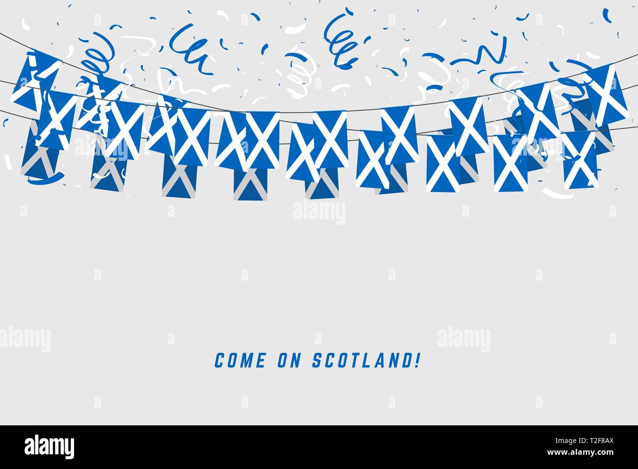 Scozia garland bandiera con i confetti su sfondo grigio, Hang bunting per la Scozia celebrazione template banner. Illustrazione Vettoriale
