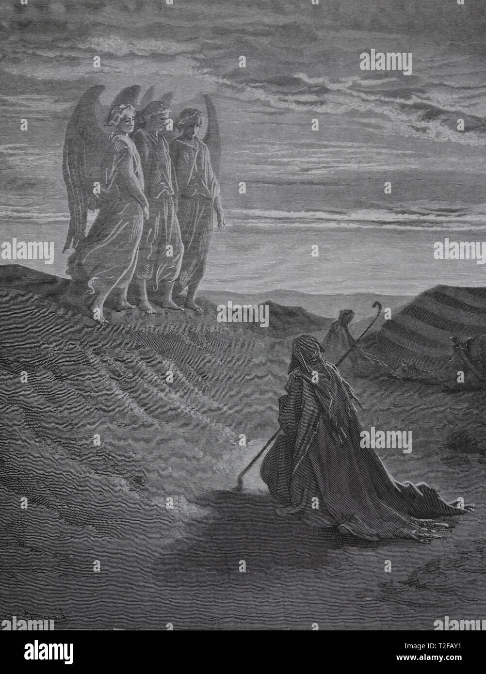 Genesi. Abramo e i tre angeli. La Bibbia. Genesi. Incisione di Gustave Dore, 1866. Foto Stock