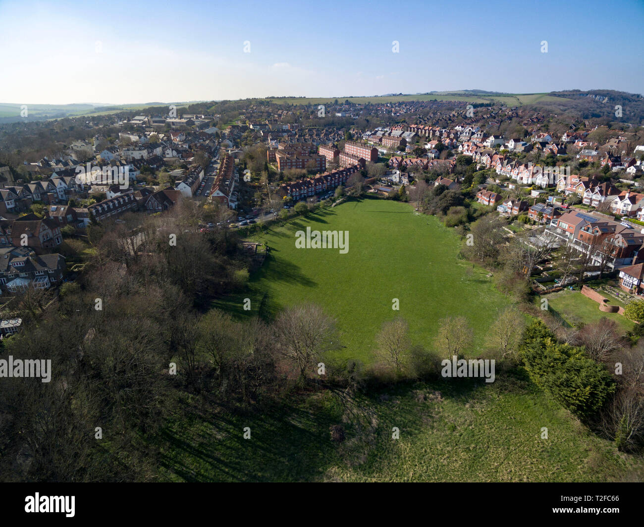 Vedute aeree di Lewes, East Sussex, Regno Unito, mostra campo Baxters Foto Stock