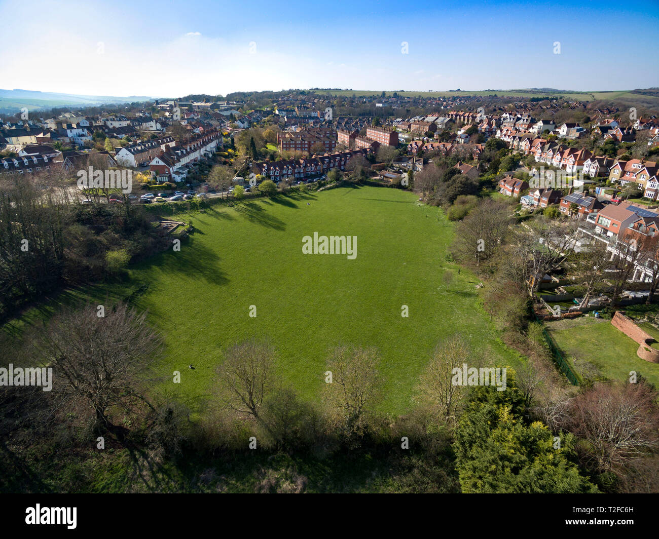 Vedute aeree di Lewes, East Sussex, Regno Unito, mostra campo Baxters Foto Stock