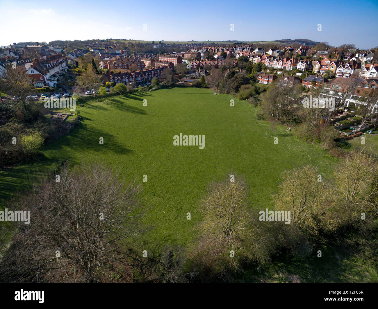 Vedute aeree di Lewes, East Sussex, Regno Unito, mostra campo Baxters Foto Stock