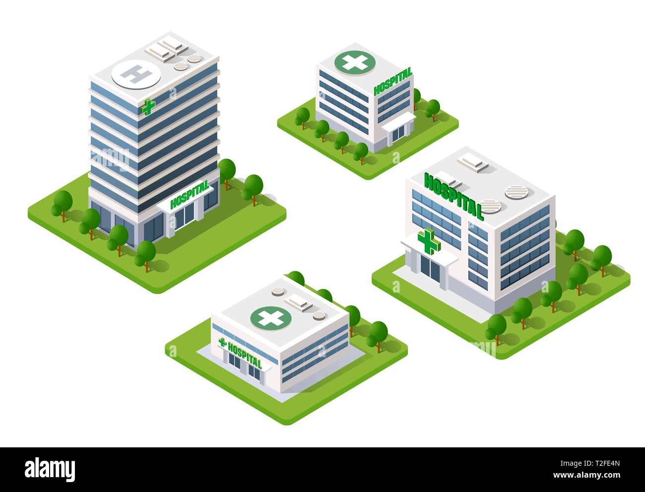 Isometrica ospedale 3d edificio urbano di salute di architettura di infrastrutture e di ambulanza casa moderna icona del concetto Illustrazione Vettoriale