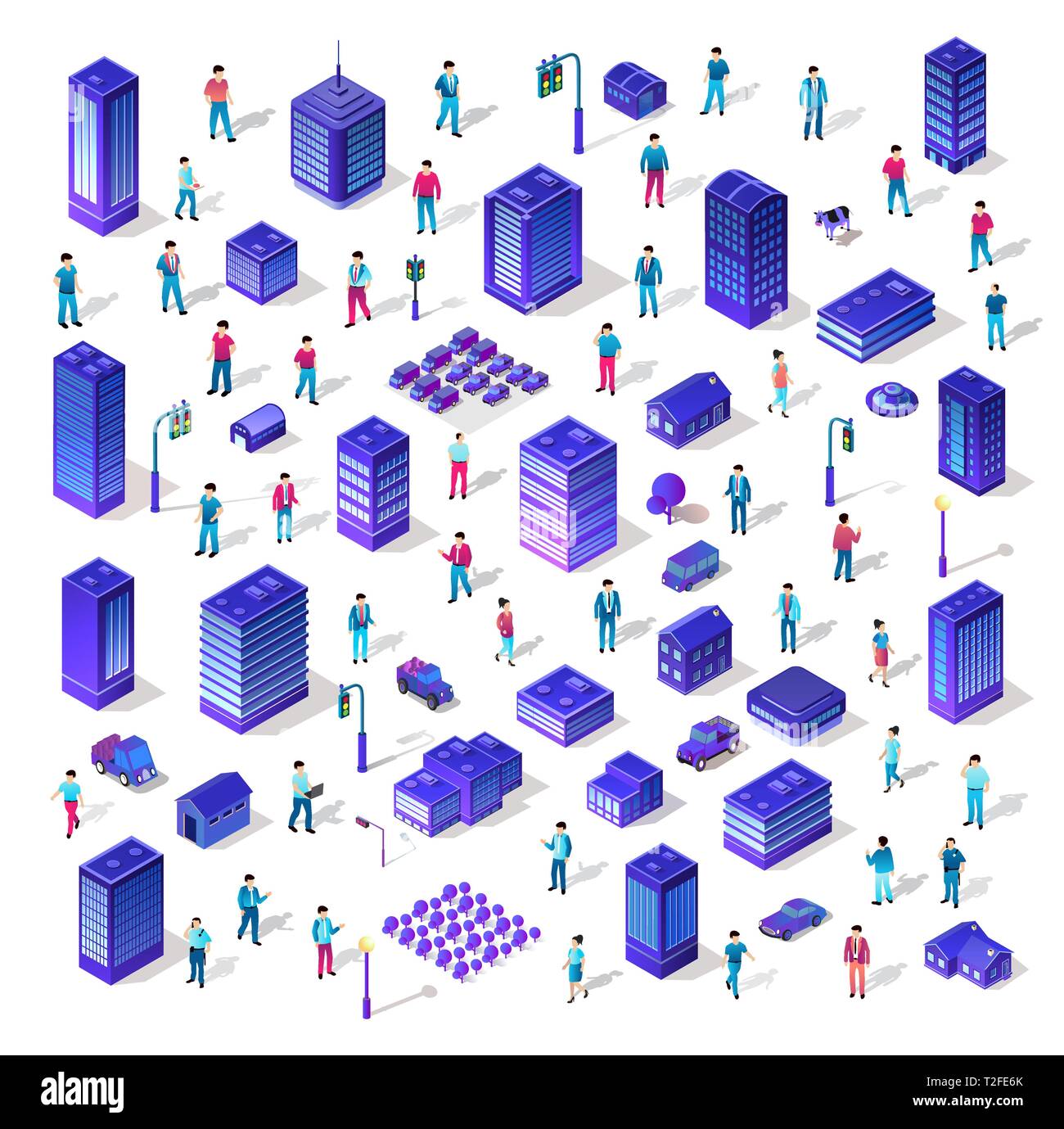 Set 3d architettura ultravioletta città da isometrica edificio urbano street grattacielo. Concetto di vettore viola business moderno illustrazione digitale per b Illustrazione Vettoriale