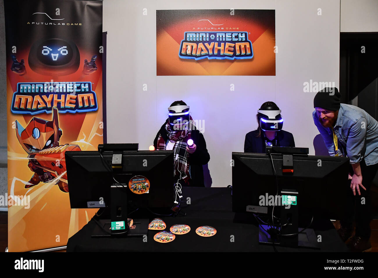 Londra, Regno Unito. 02Apr, 2019. Mini-mech Mayhem mostra al London Games Festival 2019: mozzo in corrispondenza di Somerset House a Strand, Londra, Regno Unito. il 2 aprile 2019. Credito: Picture Capital/Alamy Live News Foto Stock