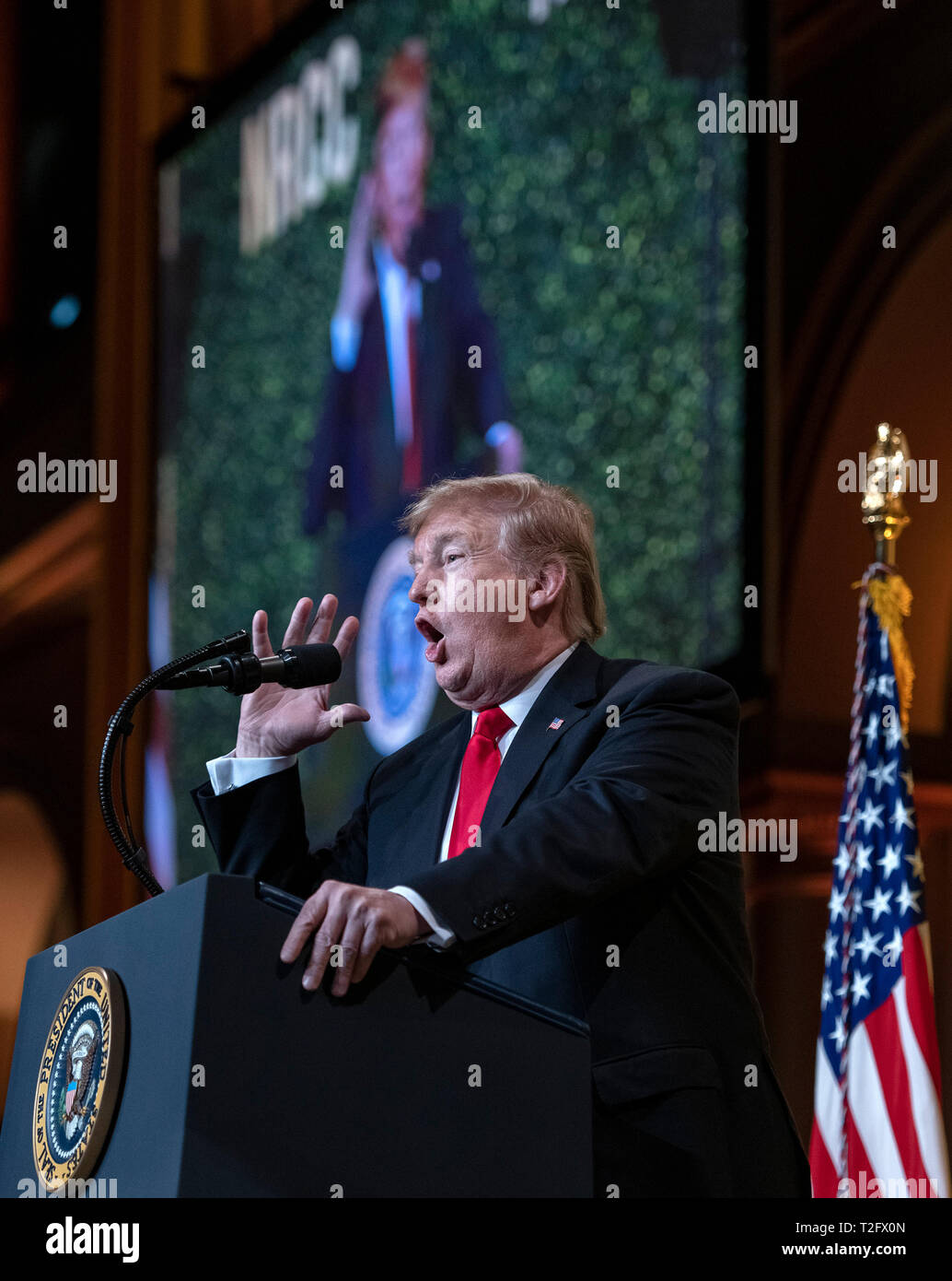 Il Presidente degli Stati Uniti, Trump offre commento a livello nazionale repubblicana Comitato congressuale (NRCC) Primavera cena presso il National Building Museum di Washington, DC Martedì, 2 aprile 2019. Credito: Ron Sachs/Piscina via CNP/MediaPunch Foto Stock