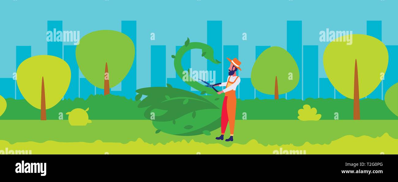 Barbuto giardiniere piante di trimming in forma di cigno grande scultura giardini topiaria da concetto animale creato da boccole giardino moderno paesaggio piatto orizzonte Illustrazione Vettoriale