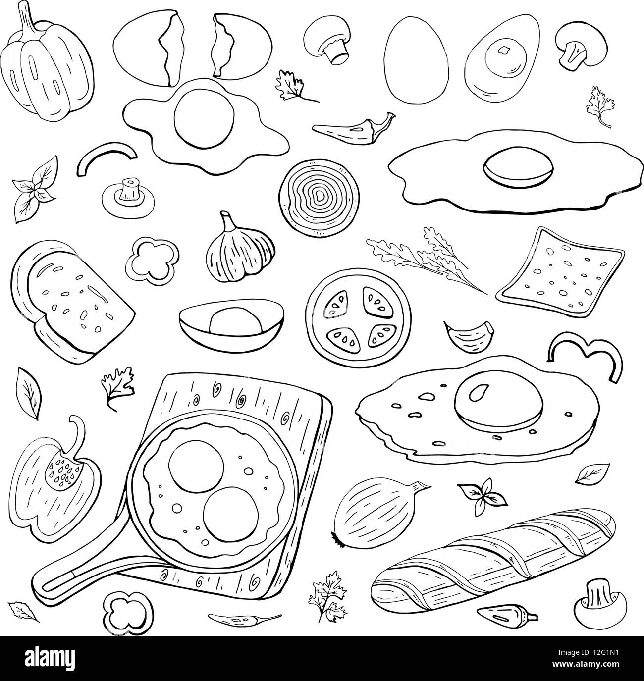 SScrambled uova e verdura raccolta. Set di mattina la colazione in bianco e nero isolato su sfondo bianco. Illustrazione Vettoriale