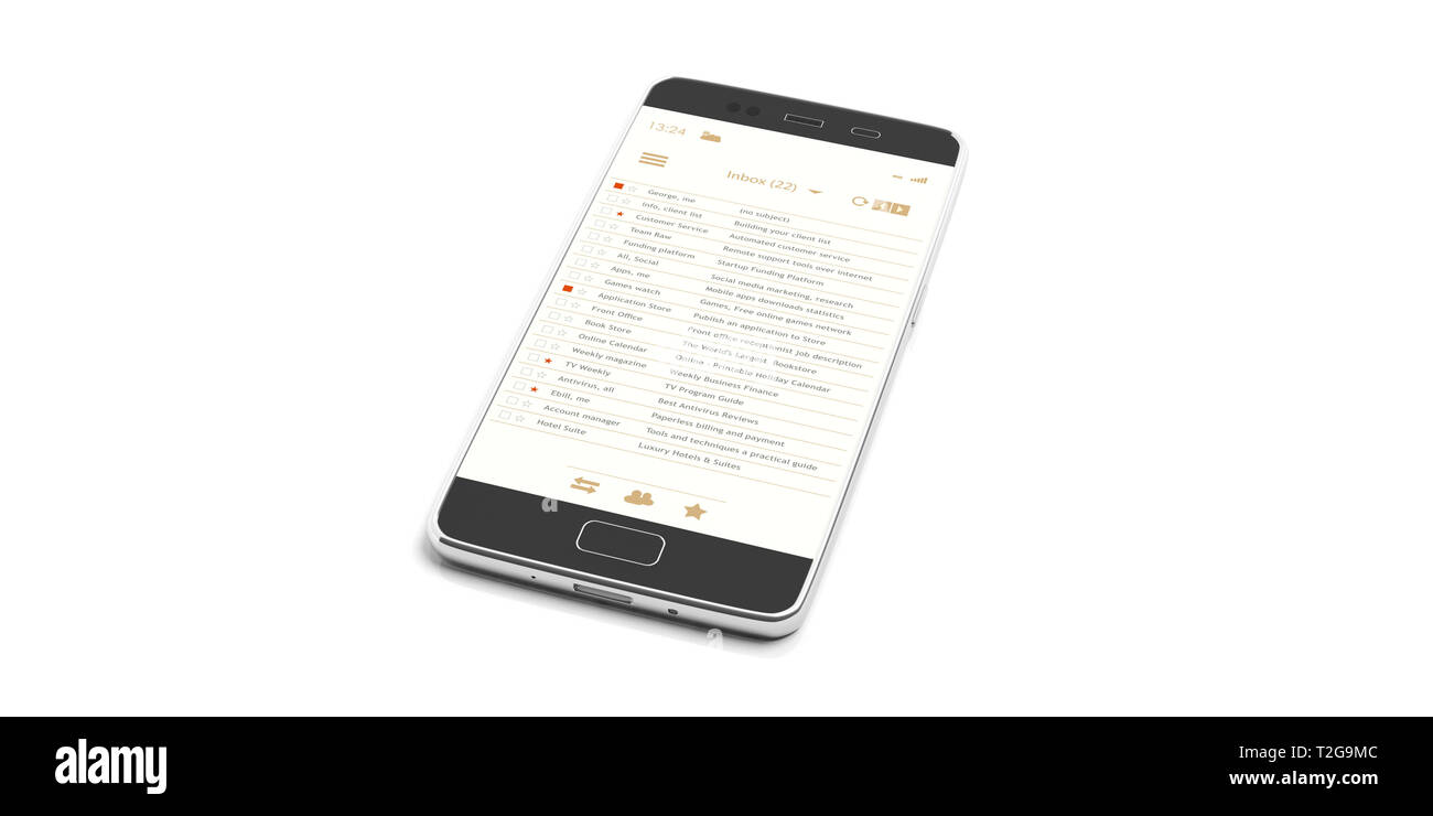La posta elettronica sul telefono cellulare. Elenco di posta elettronica sullo smartphone, tablet schermo, isolato di color bianco sullo sfondo. 3d illustrazione Foto Stock